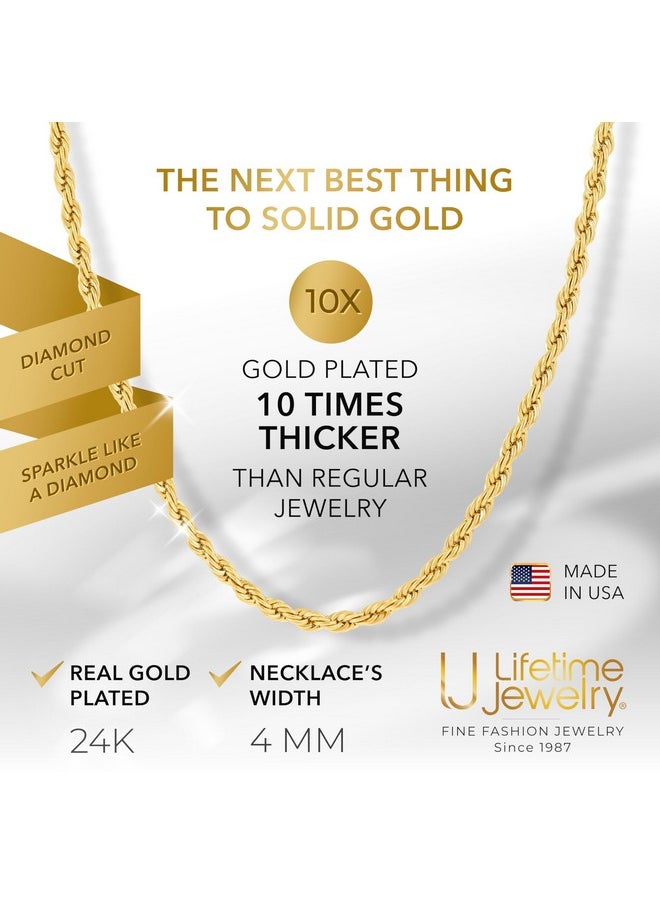 Lifetime Jewelry 24K Real Gold Plated 4Mm Rope Chain Necklace Diamond Cut Gold Chain For Men Women Boys (20 Inches, Gold Plated)  - Image 2