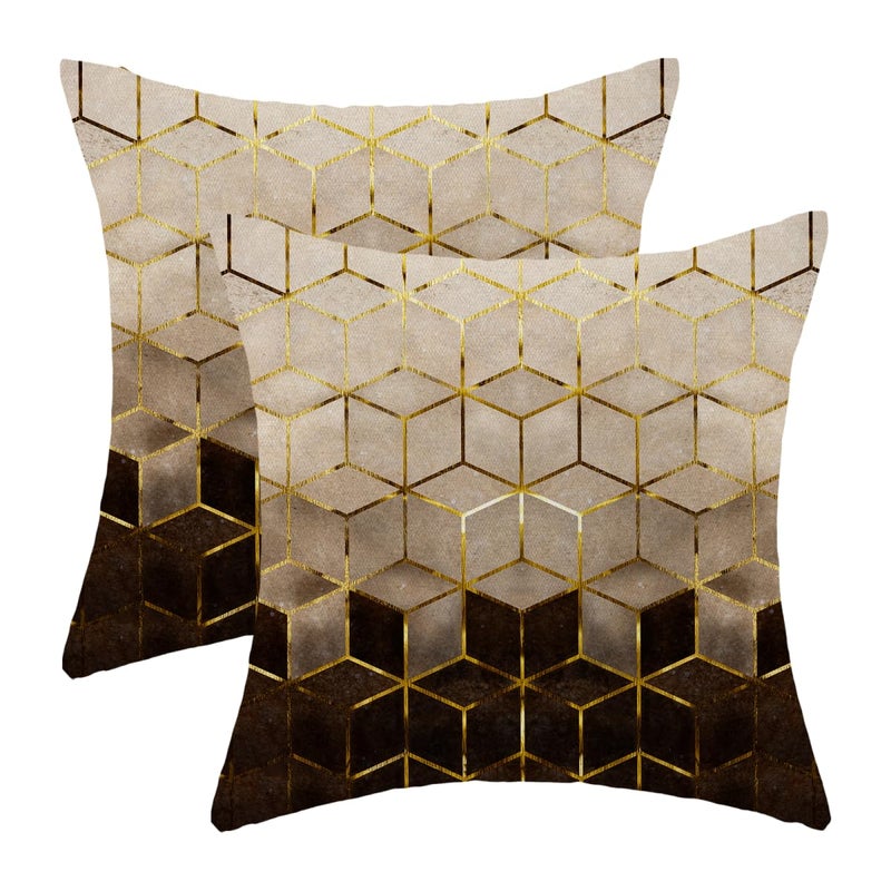 Sorktse Boho Brown Black Pillow Covers 18 x 18 Inch Set of 2 Abstract Brown Golden Geometric Throw Pillows Outdoor Decorative Modern Art Cubic Pillowcase Linen Cushion Cases for Bed Sofa Couch - Image 1