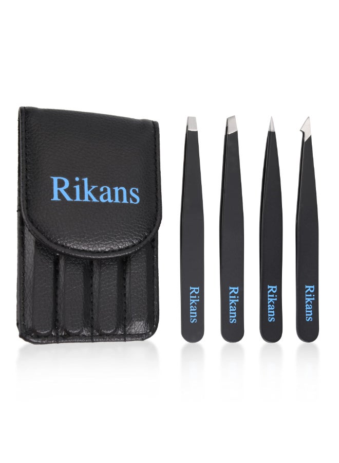 Rikans Precision Tweezers Set Pack of 4 Black Professional Tweezers Handy Carry Pouch Superior Stainless Steel Tweezer Set Splinters Eyebrows Facial or Ingrown Hair Blackheads Remover - Image 2