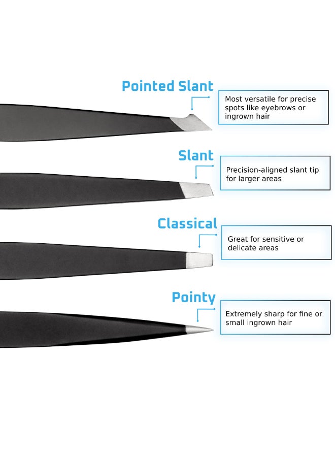Rikans Precision Tweezers Set Pack of 4 Black Professional Tweezers Handy Carry Pouch Superior Stainless Steel Tweezer Set Splinters Eyebrows Facial or Ingrown Hair Blackheads Remover - Image 4
