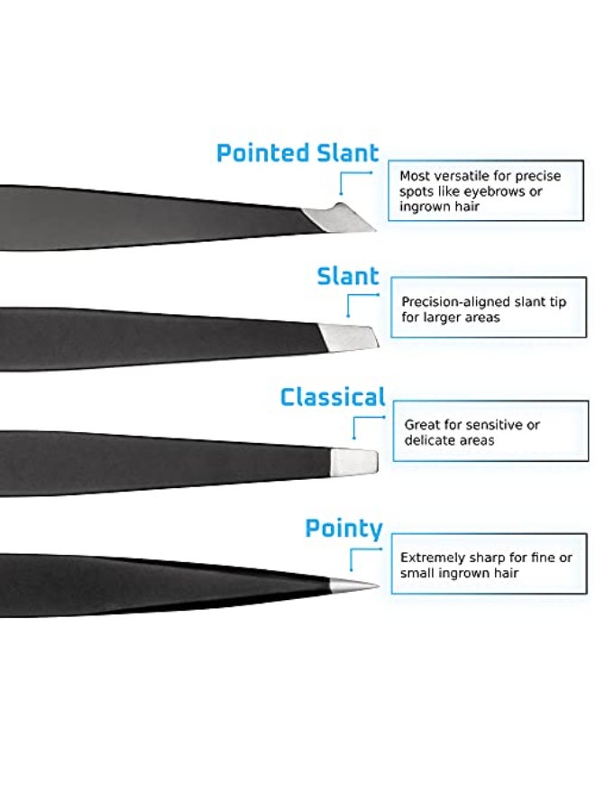 Rikans Precision Tweezers Set Pack of 4 Black Professional Tweezers Handy Carry Pouch Superior Stainless Steel Tweezer Set Splinters Eyebrows Facial or Ingrown Hair Blackheads Remover - Image 3