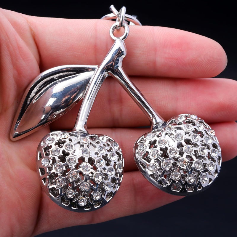 SORGERLY Silver Cherry Bag Charm Keychain - Cute Purse Handbag Fruit Accessories - Beautiful Birthday Gift for Women (Silver) - Image 2