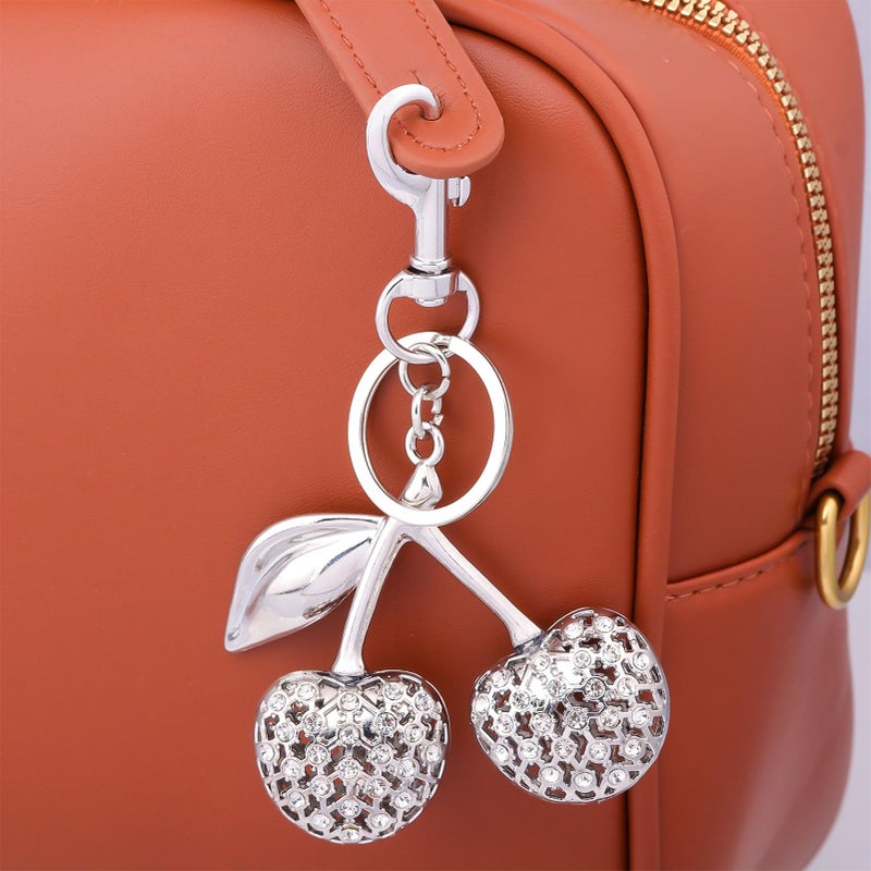 SORGERLY Silver Cherry Bag Charm Keychain - Cute Purse Handbag Fruit Accessories - Beautiful Birthday Gift for Women (Silver) - Image 3