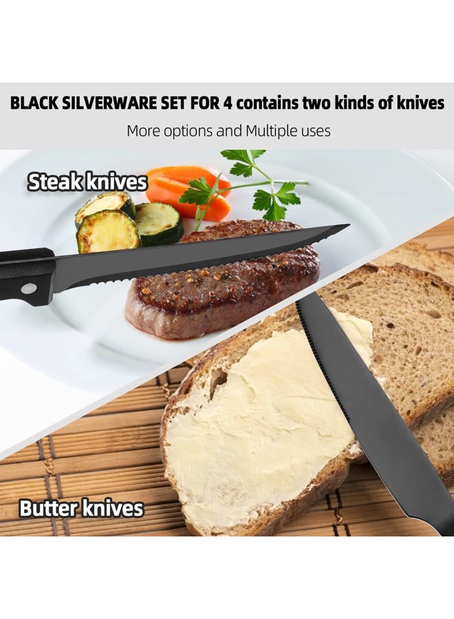CEKEE 24 Piece Black Silverware Set for 4 with Steak Knives, Stainless Steel Black Flatware Set for 4, Black Utensils Set for 4, Black Tableware Cutlery Set for Home & Kitchen, Hand Wash Recommended - Image 3