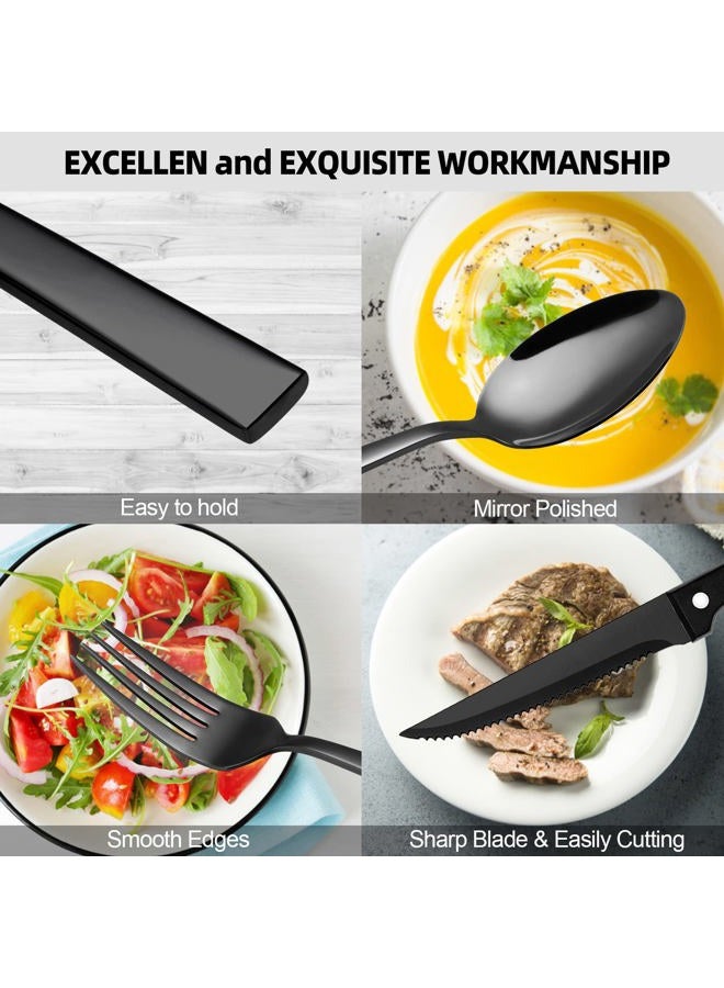 CEKEE 24 Piece Black Silverware Set for 4 with Steak Knives, Stainless Steel Black Flatware Set for 4, Black Utensils Set for 4, Black Tableware Cutlery Set for Home & Kitchen, Hand Wash Recommended - Image 5