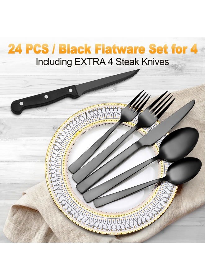 CEKEE 24 Piece Black Silverware Set for 4 with Steak Knives, Stainless Steel Black Flatware Set for 4, Black Utensils Set for 4, Black Tableware Cutlery Set for Home & Kitchen, Hand Wash Recommended - Image 2
