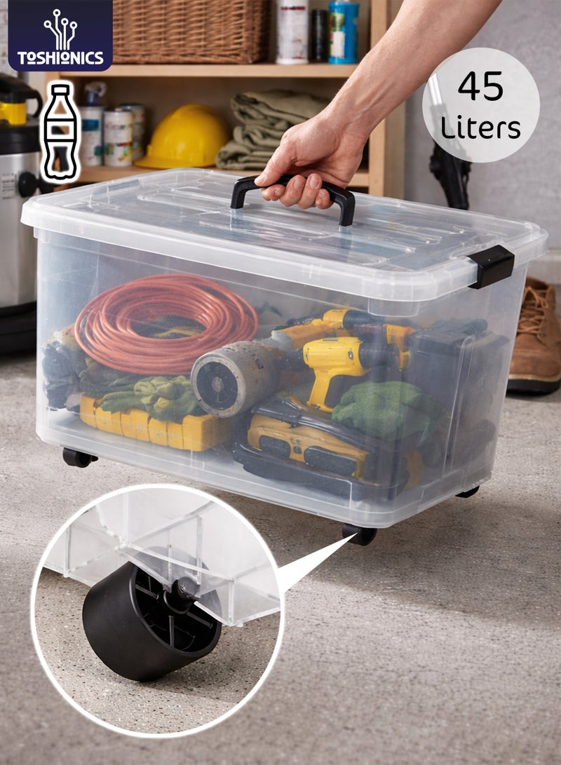 توشيونيكس صندوق تخزين بلاستيكي سعة 45 لترًا بعجلات وغطاء بقفل مشبك | حاوية تخزين كبيرة متعددة الأغراض بعجلات | منظم شفاف شديد التحمل للمنزل، المرآب، الأدوات والمكتب | الموديل T114670 - Image 1