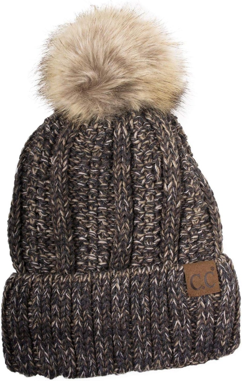Cc Thick Cable Knit Faux Fuzzy Fur Pom Fleece Lined Skull Cap Cuff Beanie - Image 1