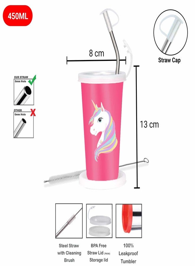 PDDFALCON Unicorn Sipper Glass Cartoon, 100% Leakproof BIS Certified, Jindal Seal & Made in India (Pink) - 450ml (CN5Straw) - Image 2