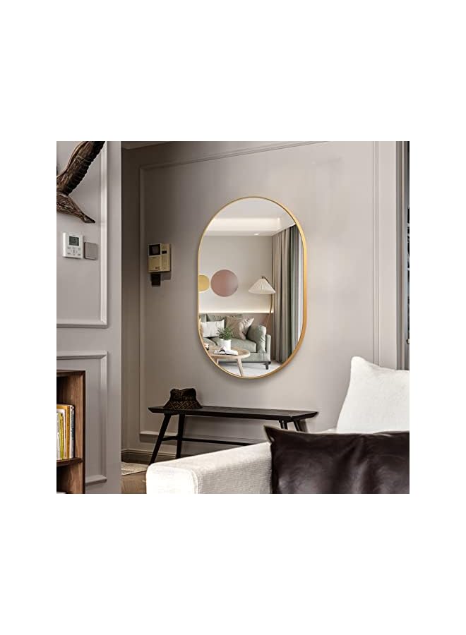 The Bros مرآة بيضاوية، 20"×30" مرآة حمام بيضاوية، مرآة بإطار معدني، يمكن تعليقها أفقيًا أو عموديًا، مرآة فريدة مثبتة على الحائط، مرآة ذهبية للصالون، الحمام، غرفة النوم، المدخل - Image 4