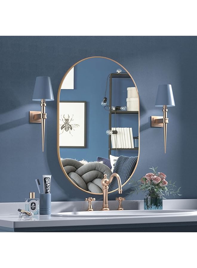 The Bros مرآة بيضاوية، 20"×30" مرآة حمام بيضاوية، مرآة بإطار معدني، يمكن تعليقها أفقيًا أو عموديًا، مرآة فريدة مثبتة على الحائط، مرآة ذهبية للصالون، الحمام، غرفة النوم، المدخل - Image 1