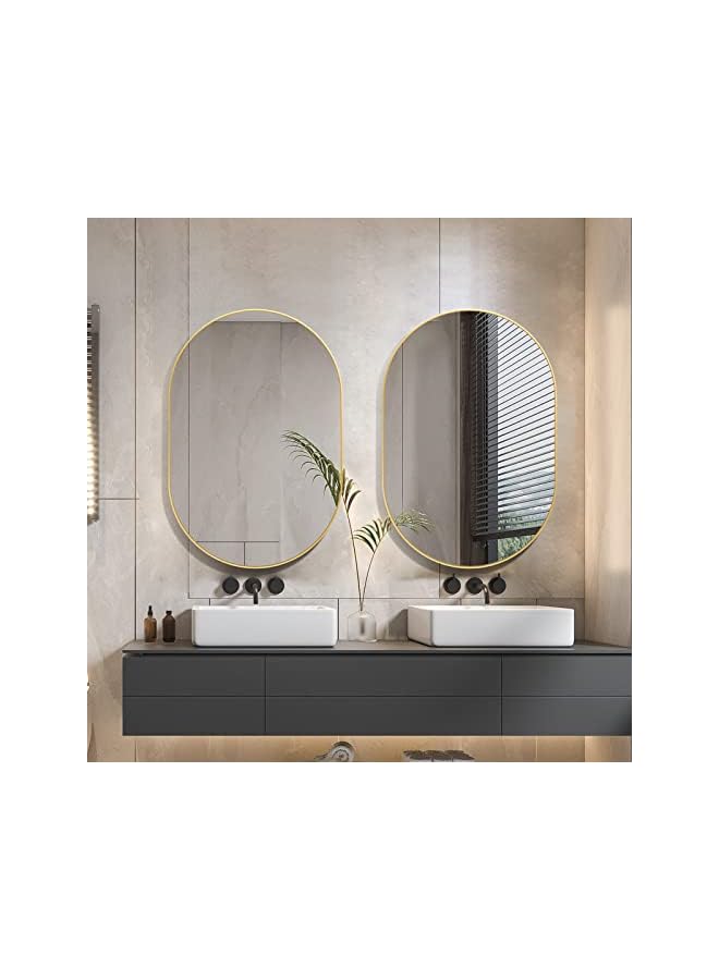 The Bros مرآة بيضاوية، 20"×30" مرآة حمام بيضاوية، مرآة بإطار معدني، يمكن تعليقها أفقيًا أو عموديًا، مرآة فريدة مثبتة على الحائط، مرآة ذهبية للصالون، الحمام، غرفة النوم، المدخل - Image 2