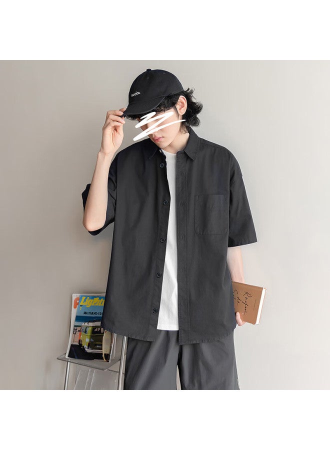 Homlean Style Solid Color Short Sleeve Shirt T-shirt Men's Spring Summer Loose Casual All-match Breathable Clothing Ls01 Blue 2XL - Image 1