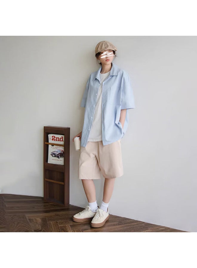 Homlean Style Solid Color Short Sleeve Shirt T-shirt Men's Spring Summer Loose Casual All-match Breathable Clothing Ls01 Blue 2XL - Image 4