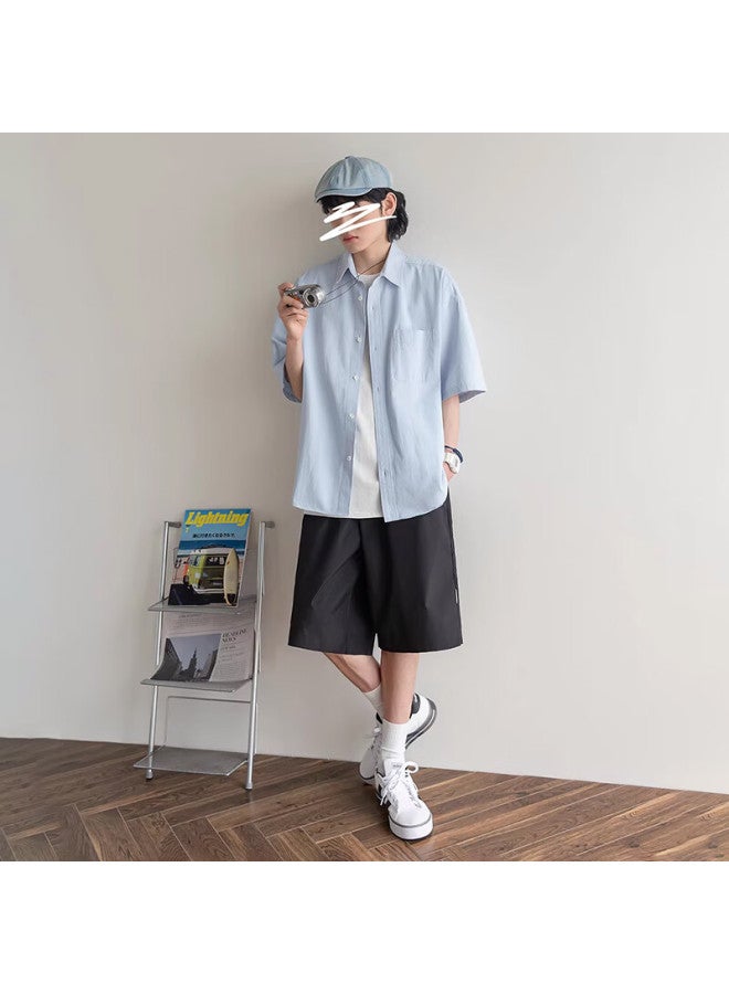 Homlean Style Solid Color Short Sleeve Shirt T-shirt Men's Spring Summer Loose Casual All-match Breathable Clothing Ls01 Blue 2XL - Image 5