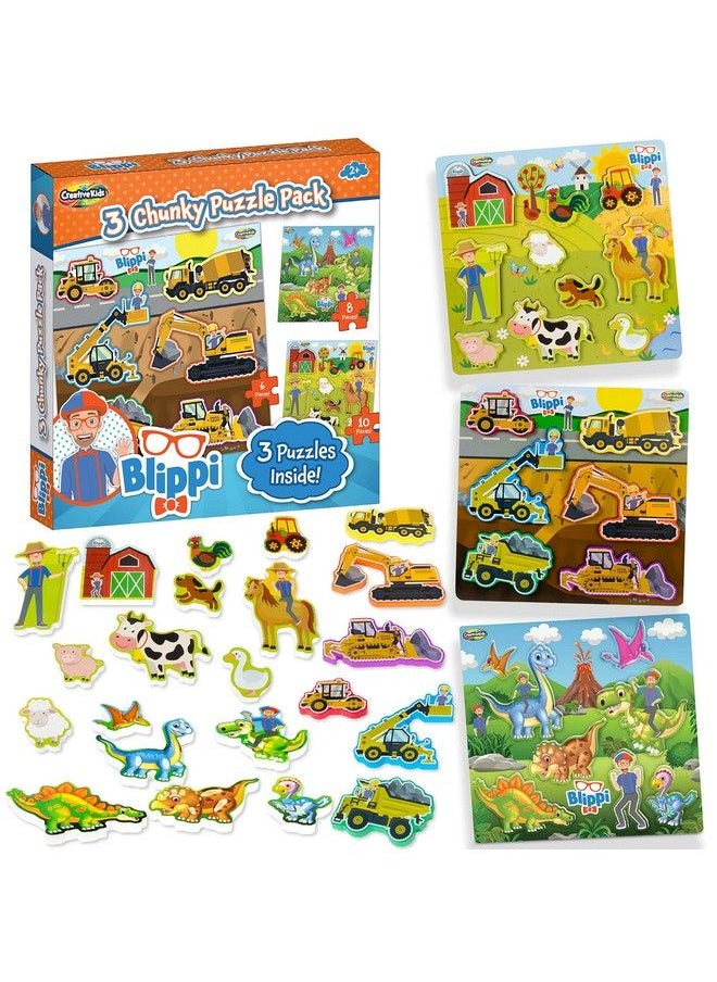 Creative Kids - Blippi Toys For Kids By Creative Kids 3 Chunky Puzzles For Toddlers Wooden Animal Dinosaur Construction Puzzles Toddler Puzzles Educational Learning Gifts Wooden Toys For Kids Ages 2+ - Image 1