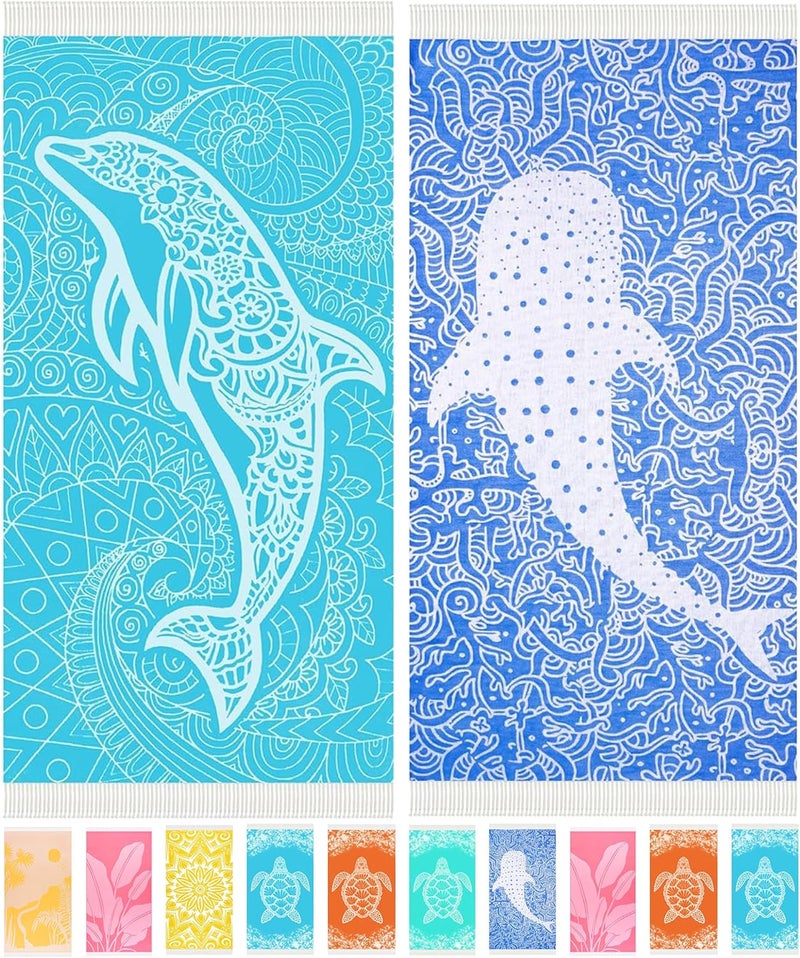 Antfuny 2 Pack Turkish Beach Towels Quick Dry Sand Free Soft Absorbent Adult Bath Pool Swim Stripe Towel Cloud Linen Sandfree Mat Summer Thing Lightweight Thin Travel Blue Fish Dolphins - Image 1