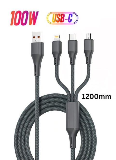 3-in-1 100W Fast Charging Cable Type-C, Lighting, Micro Charging & Data Transfer Cable with USB-C Connectors for Laptops, Smartphones, Tablets, and Accessories, Supports Up to 100W Power Delivery, Compatible with Apple, Dell, Samsung, Huawei, Honor Google, and More- (1.2M) Black