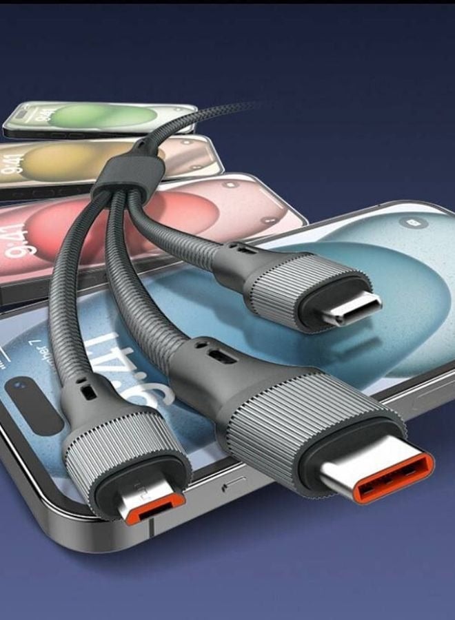 LDNIO كابل شحن سريع 3 في 1 100 واط نوع-C، لايتنينغ، ميكرو لشحن ونقل البيانات مع موصلات USB-C لأجهزة الكمبيوتر المحمولة، الهواتف الذكية، الأجهزة اللوحية، والملحقات، يدعم حتى 100 واط من الطاقة، متوافق مع أبل، ديل، سامسونج، هواوي، هونر، جوجل، والمزيد - (1.2م) أسود - Image 2