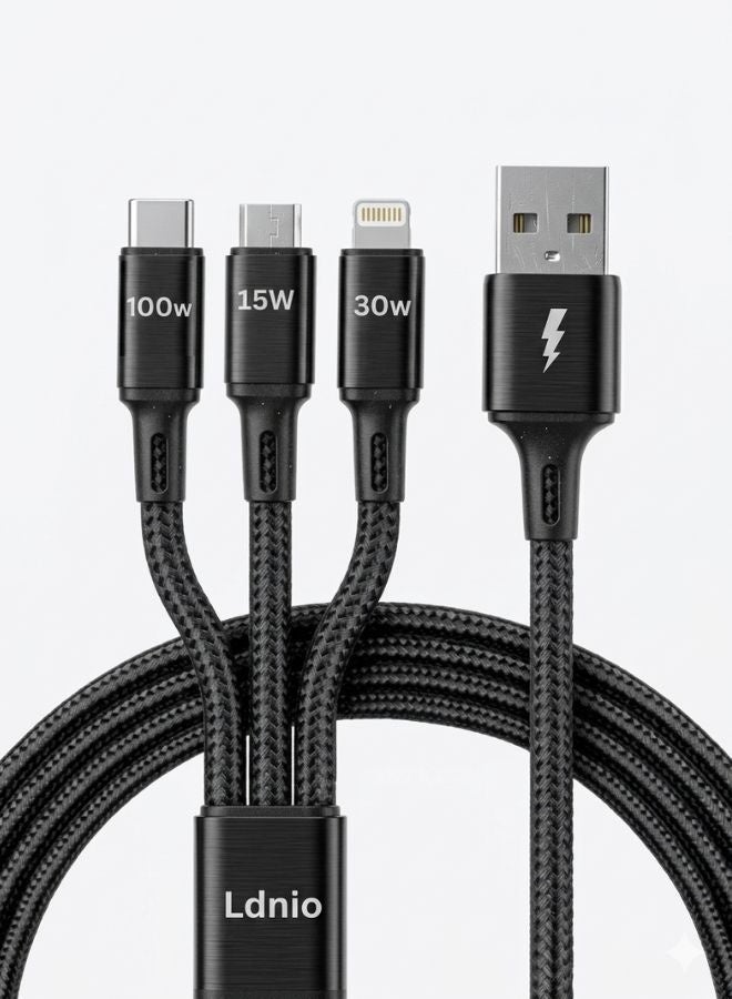 LDNIO كابل شحن سريع 3 في 1 100 واط نوع-C، لايتنينغ، ميكرو لشحن ونقل البيانات مع موصلات USB-C لأجهزة الكمبيوتر المحمولة، الهواتف الذكية، الأجهزة اللوحية، والملحقات، يدعم حتى 100 واط من الطاقة، متوافق مع أبل، ديل، سامسونج، هواوي، هونر، جوجل، والمزيد - (1.2م) أسود - Image 1