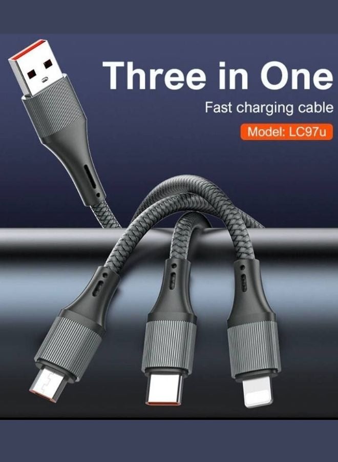 LDNIO كابل شحن سريع 3 في 1 100 واط نوع-C، لايتنينغ، ميكرو لشحن ونقل البيانات مع موصلات USB-C لأجهزة الكمبيوتر المحمولة، الهواتف الذكية، الأجهزة اللوحية، والملحقات، يدعم حتى 100 واط من الطاقة، متوافق مع أبل، ديل، سامسونج، هواوي، هونر، جوجل، والمزيد - (1.2م) أسود - Image 3