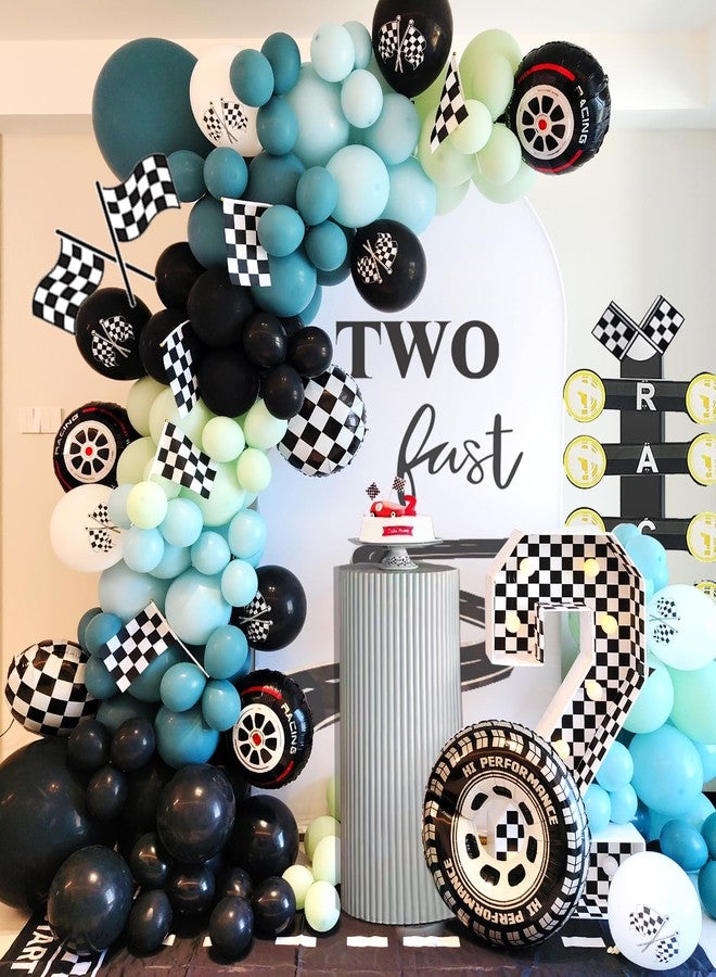 HEPAPATE Race Car Party Balloons Arch Kit,177pcs Race Car Party Decorations Dusty Blue black Dusty Green & Wheels Foil Balloon& Checkered Flag for kids Racing car Theme Two Fast Party Supplies - Image 1