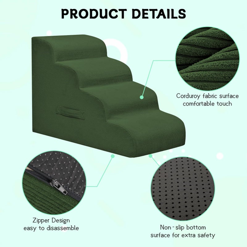 Mesa Lemon Dog Steps for Small Dogs, 4-Step Pet Ramp Stairs for High Beds and Sofa, Non-Slip Pet Stairs for Small Dogs and Cats, Removable and Easy to Clean Cover, Green - Image 3