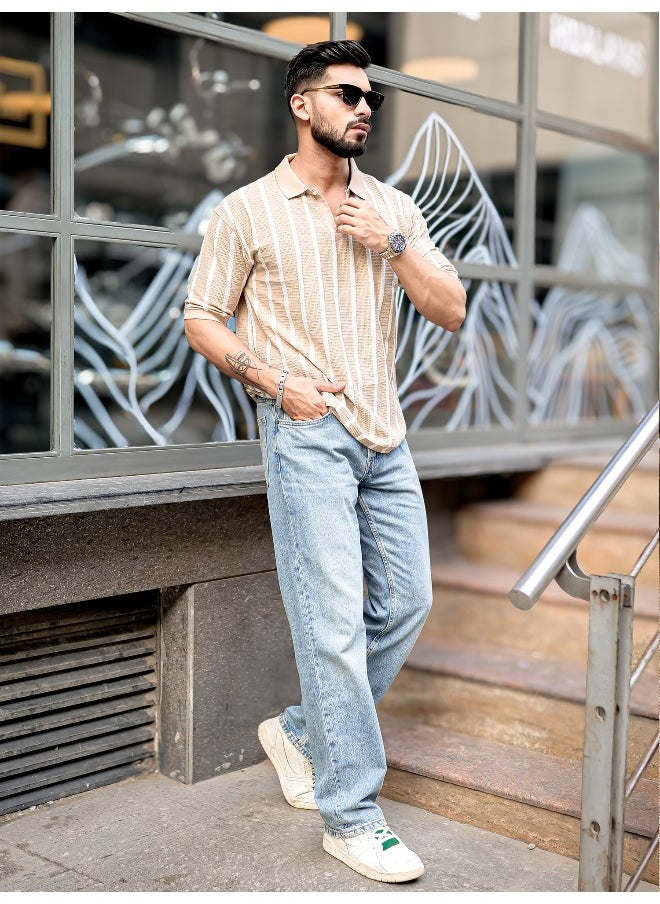 Maniac Maniac Men Vertical Stripe Polo Neck 3/4th Sleeve Beige PolyCotton Oversized T-Shirt  - Image 4