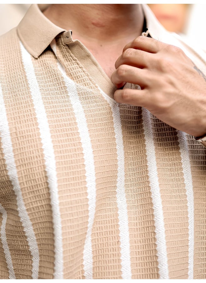Maniac Maniac Men Vertical Stripe Polo Neck 3/4th Sleeve Beige PolyCotton Oversized T-Shirt  - Image 3