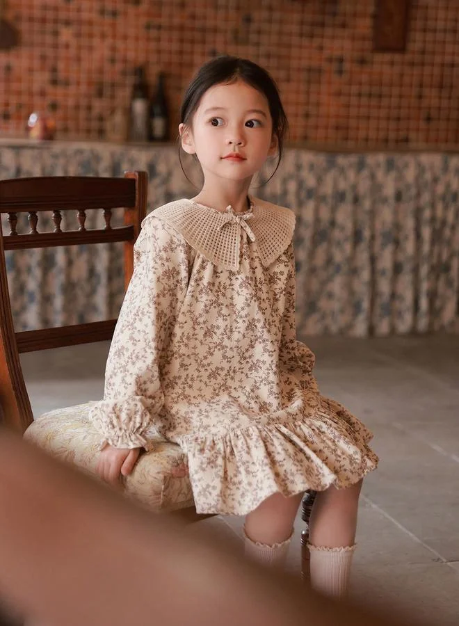 Take Two Girls Floral Print Peter Pan Collar Ruffled Hem Dress