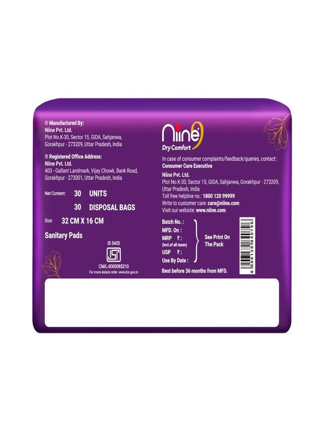 NIINE Dry Comfort Ultra Thin XL+ Sanitary Napkins for Heavy Flow (Pack of 1)30 Pads|320mm Long| Suitable for Heavy Flow|Faster Absorption |Prevents Wetness & Leakage Free Biodegradable disposable bags - Image 3