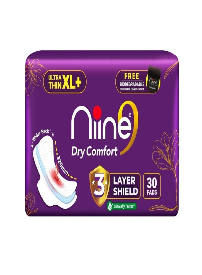 NIINE Dry Comfort Ultra Thin XL+ Sanitary Napkins for Heavy Flow (Pack of 1)30 Pads|320mm Long| Suitable for Heavy Flow|Faster Absorption |Prevents Wetness & Leakage Free Biodegradable disposable bags - Image 1
