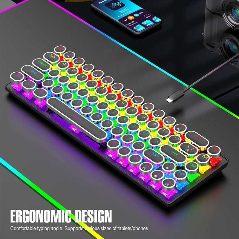 Dpofirs 68 Key Retro Typewriter Mechanical Keyboard | Blue Switch Tactile Feedback, RGB Backlit & Anti Ghosting for Win/, Plug and Play (Black) - Image 5