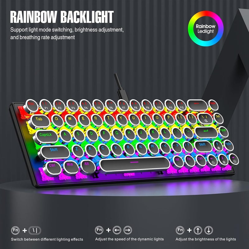 Dpofirs 68 Key Retro Typewriter Mechanical Keyboard | Blue Switch Tactile Feedback, RGB Backlit & Anti Ghosting for Win/, Plug and Play (Black) - Image 2