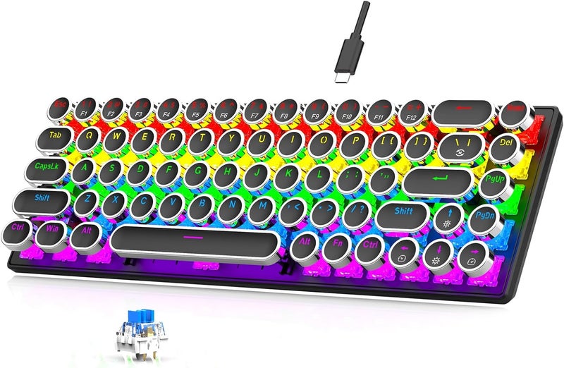 Dpofirs 68 Key Retro Typewriter Mechanical Keyboard | Blue Switch Tactile Feedback, RGB Backlit & Anti Ghosting for Win/, Plug and Play (Black) - Image 1