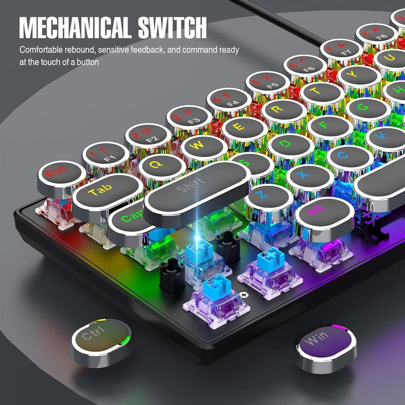 Dpofirs 68 Key Retro Typewriter Mechanical Keyboard | Blue Switch Tactile Feedback, RGB Backlit & Anti Ghosting for Win/, Plug and Play (Black) - Image 3