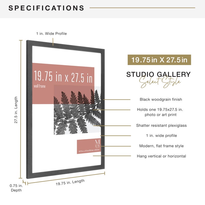 MCS Studio Gallery 19.75x27.5 Poster Frame Black Woodgrain Engineered Wood, Vertical & Horizontal Wall Hanging Large Picture Frame for Photos, Posters & Art Prints (1-Pack) - Image 3