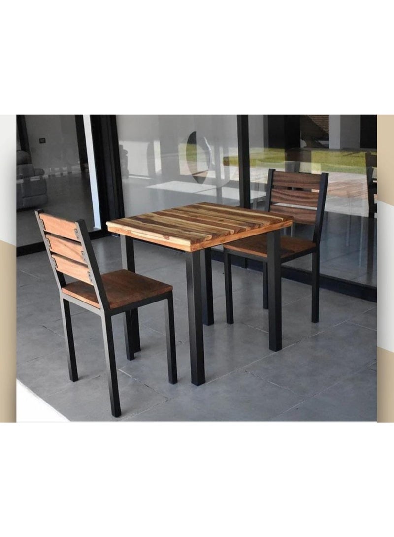 Outdoor table set, 2 chairs, black iron frame, wooden top