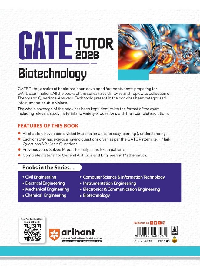 Arihant GATE TUTOR Study Guide for Biotechnology Exam 2026 | Fully Revised Edition with Gate Solved Papers (2025-2023) and 5 Mock Tests