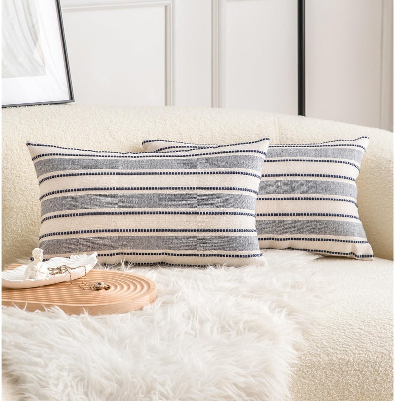 Cethom Decorative Boho Lumbar Throw Pillow Covers, Farmhouse Textured Pillow Case, 12 x 20 Inch Set of 2, Chair Sofa Bedroom Living Room Decor Couch Cushion Case, Navy Blue and Beige - Image 1