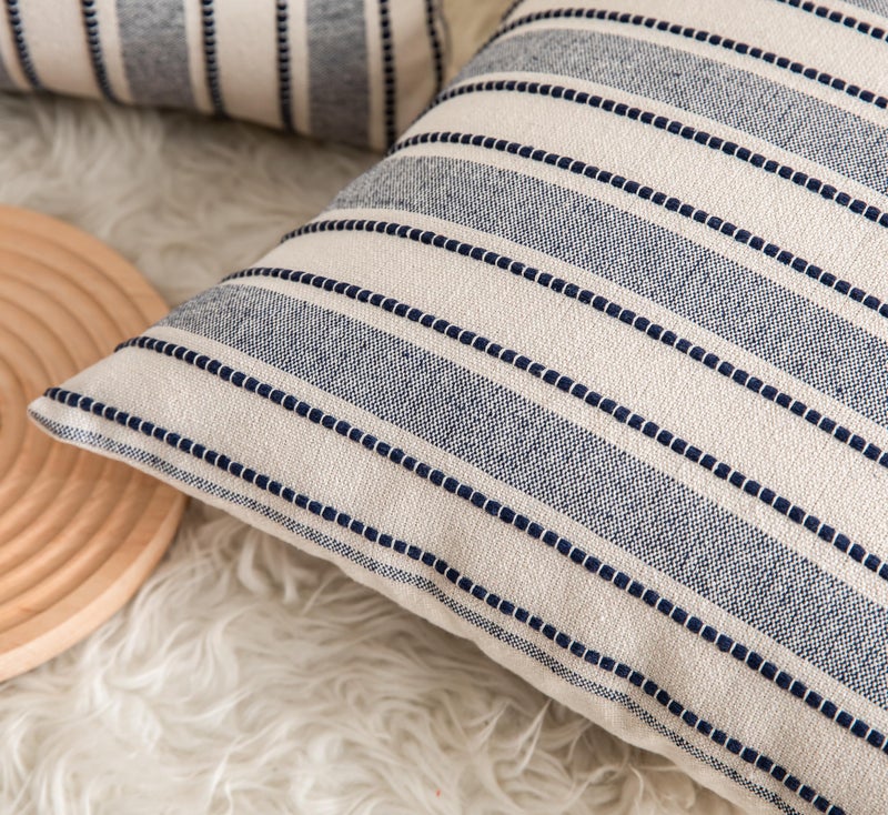 Cethom Decorative Boho Lumbar Throw Pillow Covers, Farmhouse Textured Pillow Case, 12 x 20 Inch Set of 2, Chair Sofa Bedroom Living Room Decor Couch Cushion Case, Navy Blue and Beige - Image 4