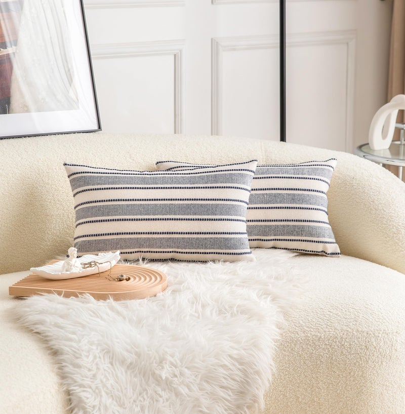 Cethom Decorative Boho Lumbar Throw Pillow Covers, Farmhouse Textured Pillow Case, 12 x 20 Inch Set of 2, Chair Sofa Bedroom Living Room Decor Couch Cushion Case, Navy Blue and Beige - Image 5