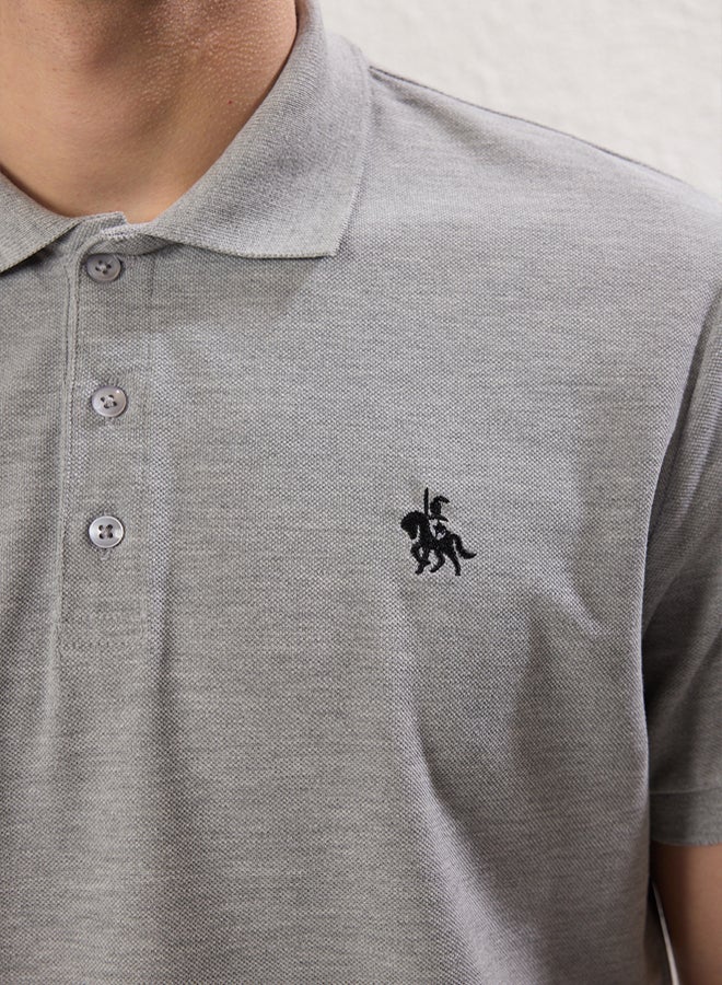 trendyol Gray Regular/Normal Cut Horse Embroidery Detail 100% Cotton Polo Neck TShirt - Image 5