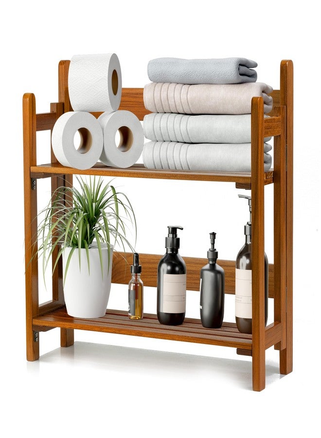 VaeFae Teak Wood Floating Shelves Bathroom, Foldable Wooden Rack Wall Mount, 2 Shelves - Image 1