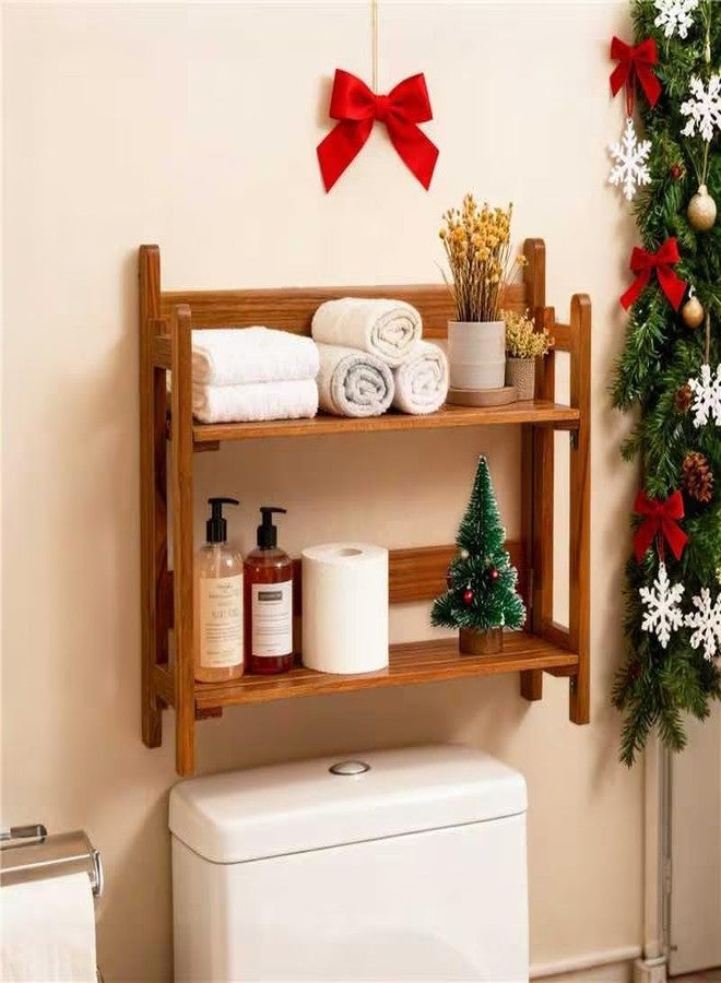 VaeFae Teak Wood Floating Shelves Bathroom, Foldable Wooden Rack Wall Mount, 2 Shelves - Image 2