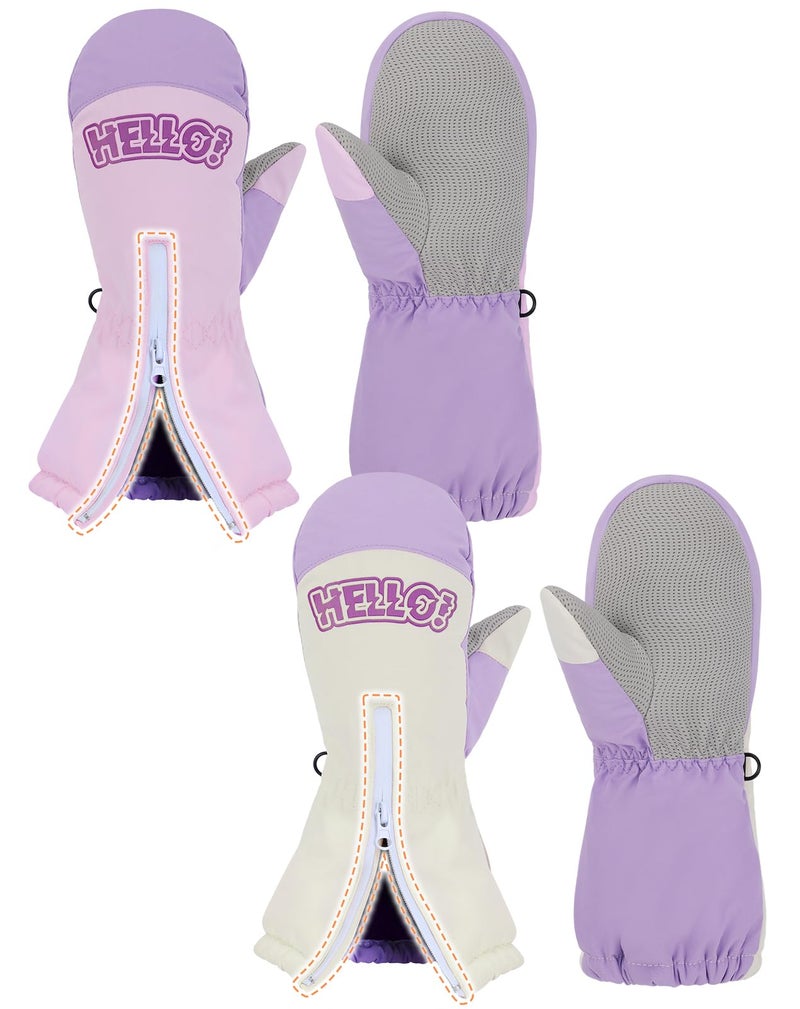Biubee 2 Pairs Easy-On Zipper Kids Snow Gloves for Girls Ages 3-6 - Waterproof Warm Fleece Toddler Mittens - Image 1