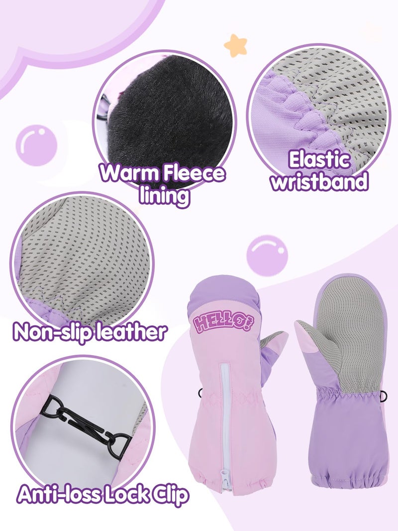 Biubee 2 Pairs Easy-On Zipper Kids Snow Gloves for Girls Ages 3-6 - Waterproof Warm Fleece Toddler Mittens - Image 5