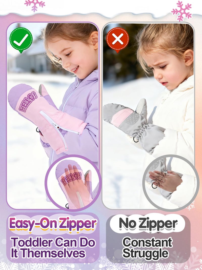 Biubee 2 Pairs Easy-On Zipper Kids Snow Gloves for Girls Ages 3-6 - Waterproof Warm Fleece Toddler Mittens - Image 3