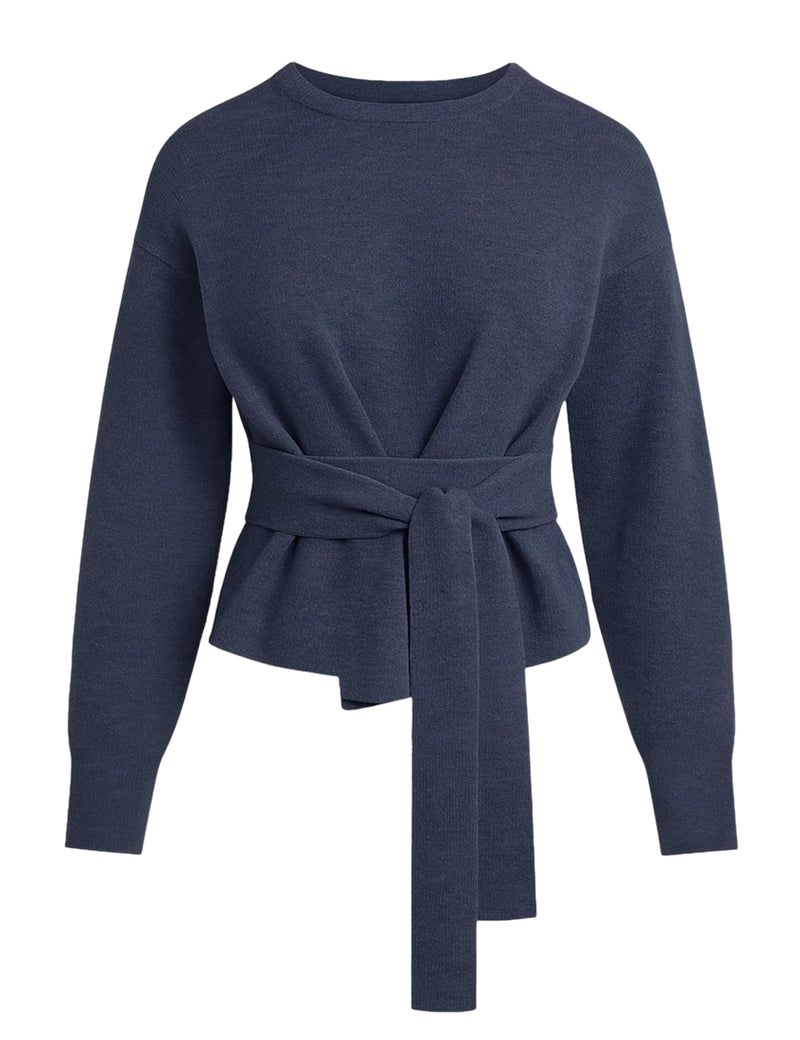 Yeokou Women Tie Front Sweater Soft Loose Long Sleeve Crew Neck Belt Knit Pullover Top Office Dressy(Navy-M) - Image 1