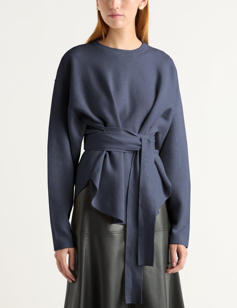 Yeokou Women Tie Front Sweater Soft Loose Long Sleeve Crew Neck Belt Knit Pullover Top Office Dressy(Navy-M) - Image 2